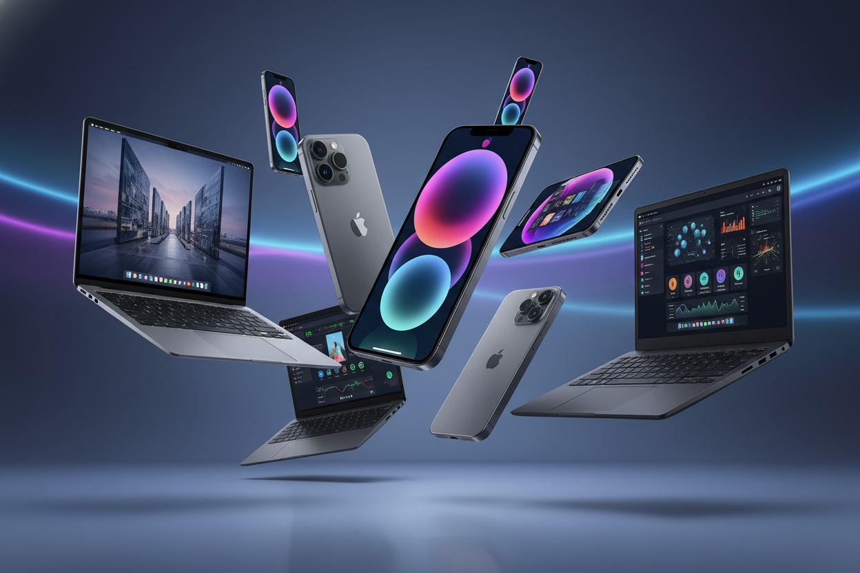 Crea un video que muestre celulares iphone y laptops dell y mac modelos nuevos de una forma dinámica y atractivas 